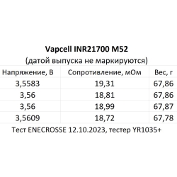 Аккумулятор Li-Ion высокотоковый Vapcell INR21700 M52 (3,6/4,2 В, 15 A, 5200 мАч, 19 мОм, 21,2x71мм)