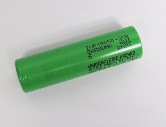 Аккумулятор Li-Ion высокотоковый Samsung INR18650-25R (длина 65 мм, 3,6/4,2 В, 10/20 A, 2500 мАч, 13/14 мОм)