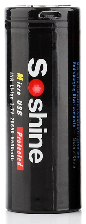 Аккумулятор Li-Ion Soshine 26650USB-3.7-5500 (3,7/4,2 В, 3/7 А, 5200/5500 мАч, 53 мОм, 26x69 мм, ЗУ micro USB)