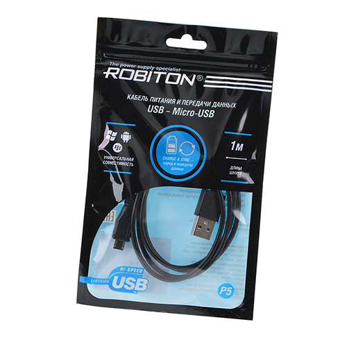 Кабель ROBITON P5 USB A - Micro-USB, Charge&Sync, 1м черный PH1