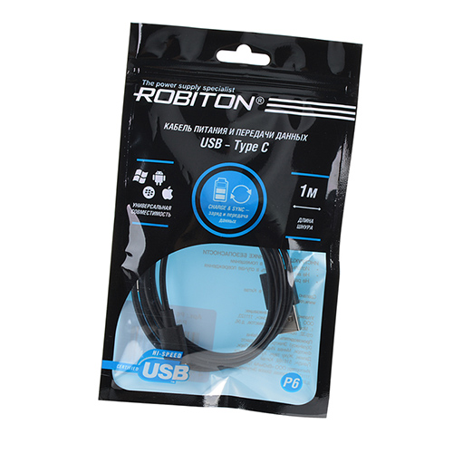 Кабель ROBITON P6 USB A - Type-C, Charge&Sync, 1м черный PH1