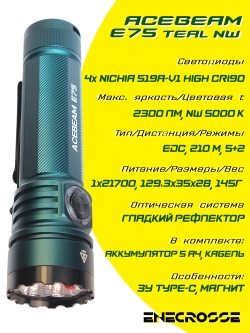 Acebeam E75 5000K Teal (УЦЕНКА, 4хNichia 519A-V1 High CRI90, 1x21700, 3000lm, 210m)