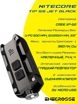 Nitecore TIP SS JET BLACK (ЗУ, XP-G2 S3, 360lm, 74m)