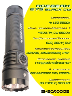 Acebeam E75 6500K Black (1x21700, 4500lm, 260m)