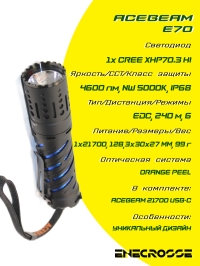 Фонарь Acebeam E70 5000K (1xXHP70.2LED, 1x21700, 4600 лм, 240 м)