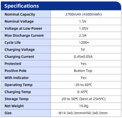 Аккумулятор Li-Ion XTAR AA 2700mAh  (длина 50,3 мм, 1,5 В, 2700 мАч, 2,5 A)